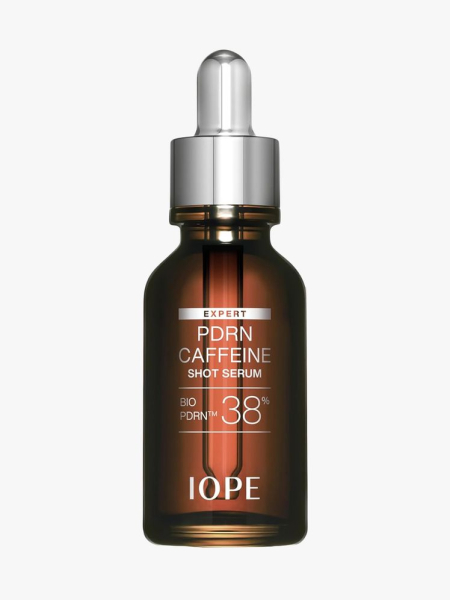 IOPE Expert PDRN Caffeine Shot Serum in branded dropper component on a light gray background